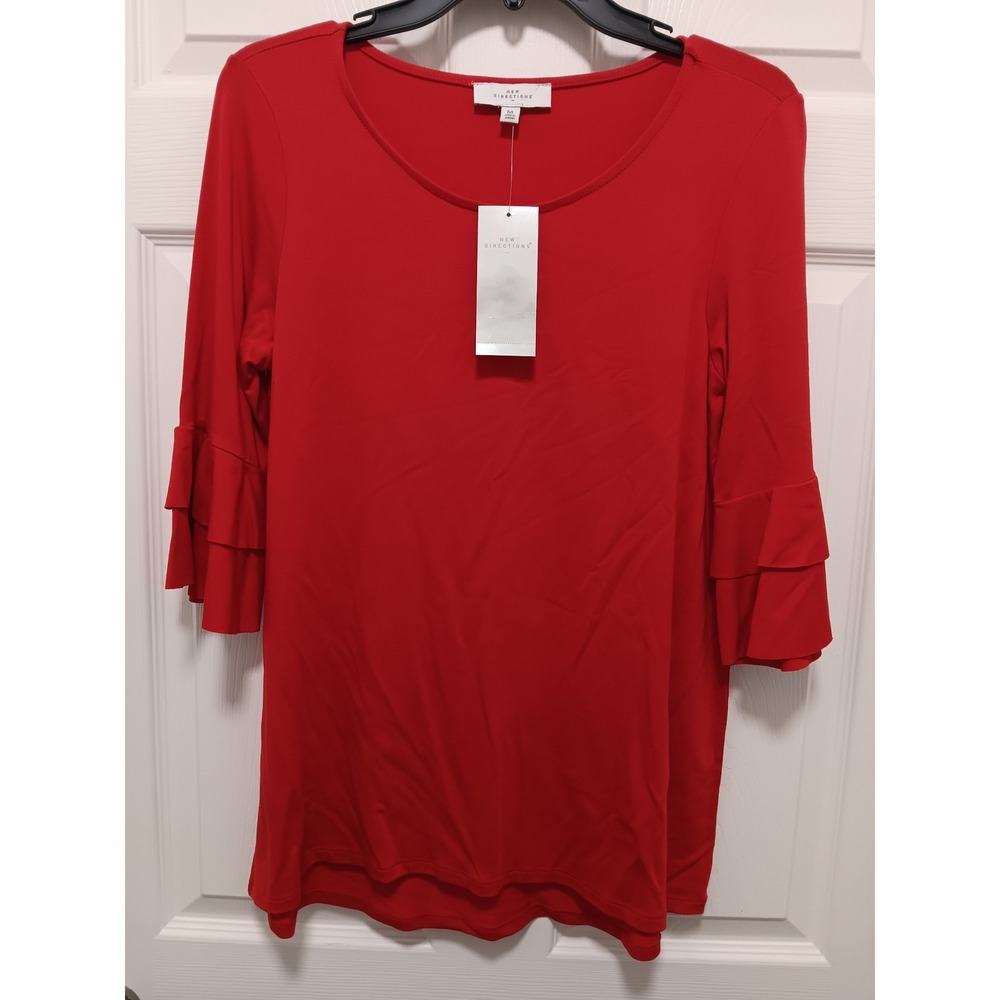 New Directions Julianna Crepe Red Tiered Ruffle 3/4 Sleeve Top NN1Q751 Womens M‎